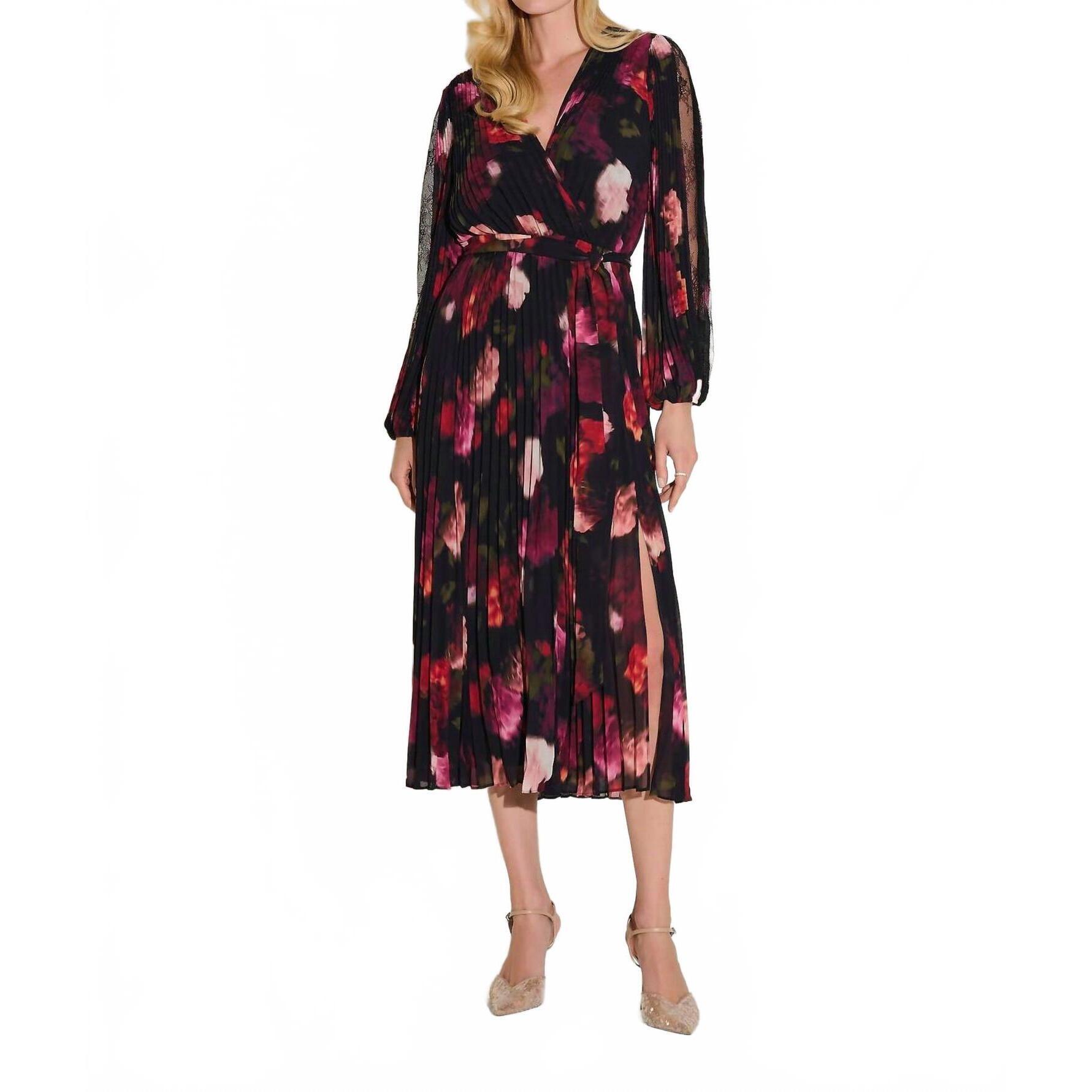 New Joseph Ribkoff Floral Pleated Chiffon Midi Wrap Dress